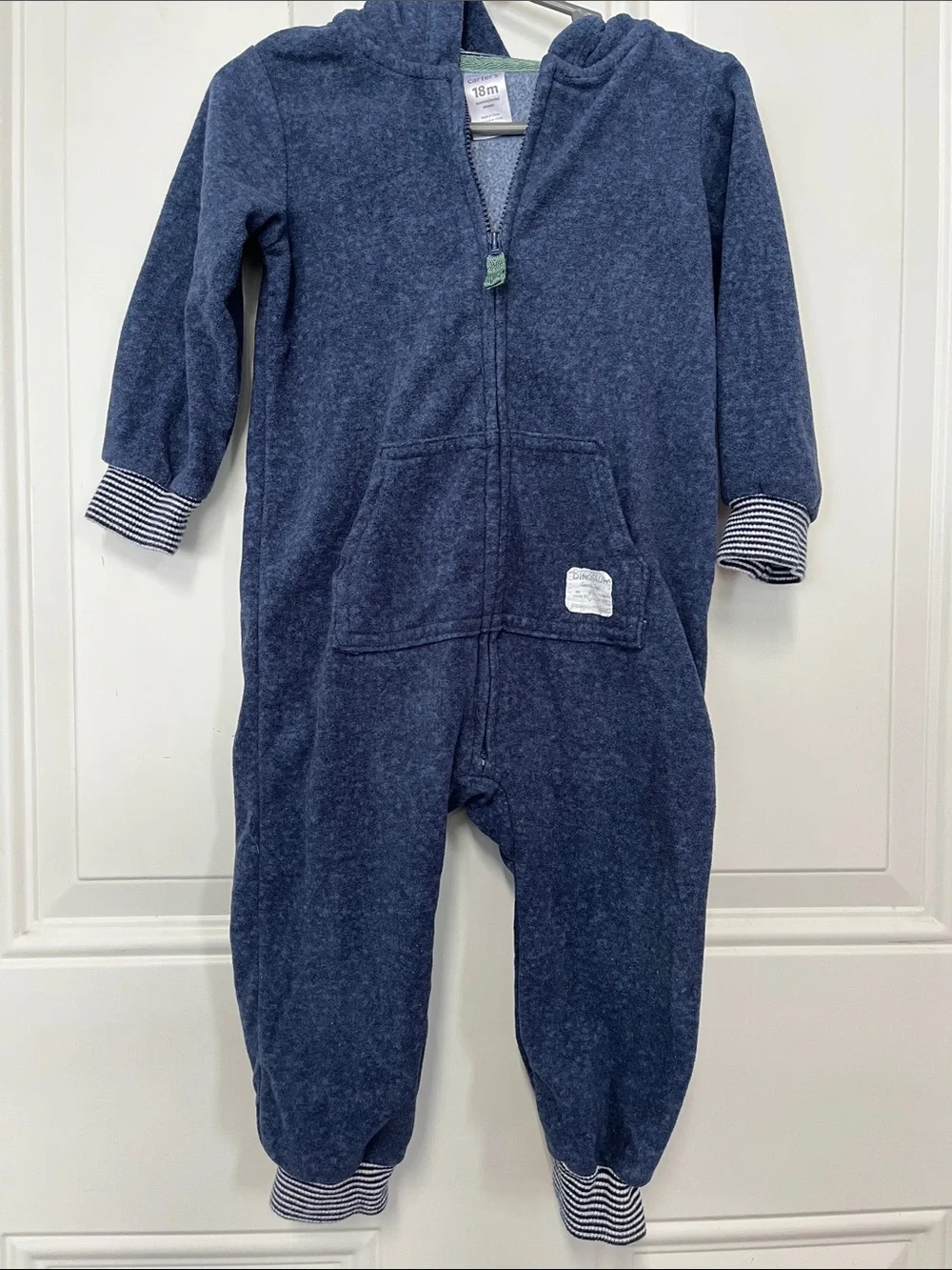 Carter's Navy Hooded One-Piece Footie with Stripe Cuffs